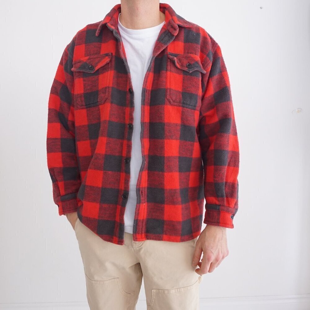 Vtg '90S Alaska Wilderness Gear Gray Red Checker 100% Cotton Outdoor Shacket L